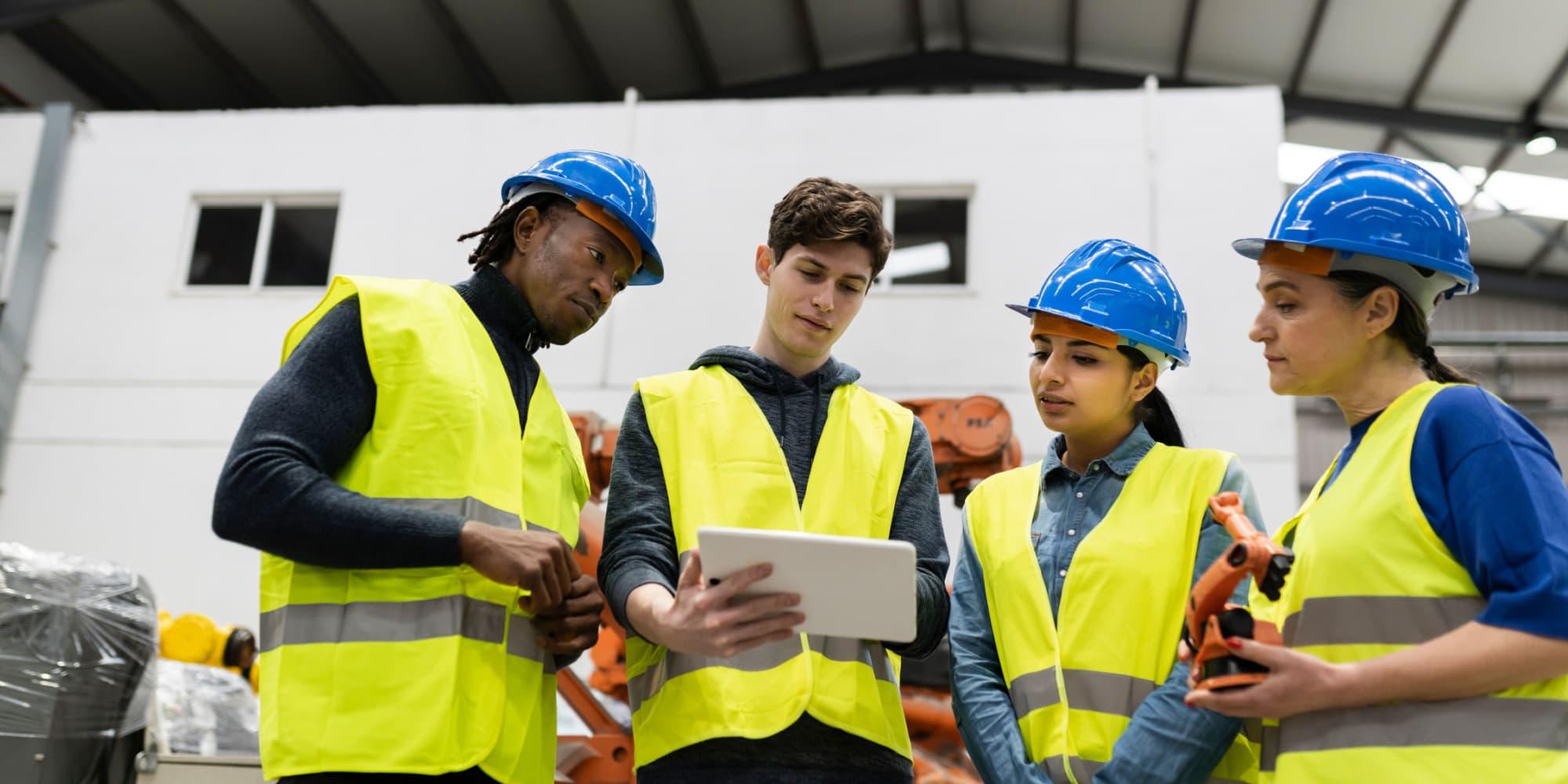 Group of multi-racial construction workers gather around tablet learning